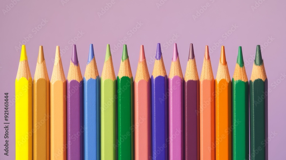 Colorful pencils neatly aligned in a wave pattern on a solid white background - back to school, artistic expression, educational products Colorful pencils neatly aligned in a wave pattern on a solid white background - back to school, artistic expression, educational products