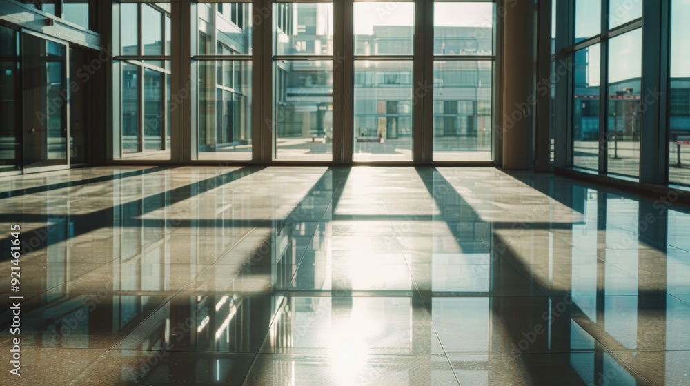 Bright sunlight reflects off shiny office lobby floor, creating clean, spacious interior. Modern architecture exudes elegance in urban setting Bright sunlight reflects off shiny office lobby floor, creating clean, spacious interior. Modern architecture exudes elegance in urban setting