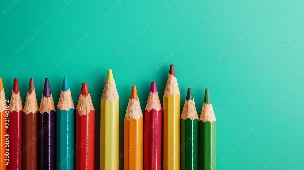 Colorful pencils neatly aligned in a wave pattern on a solid white background - back to school, artistic expression, educational products Colorful pencils neatly aligned in a wave pattern on a solid white background - back to school, artistic expression, educational products