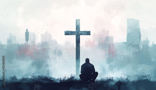 Panel kuchenny z motywem Man in Contemplation Before Cross with Abstract Cityscape