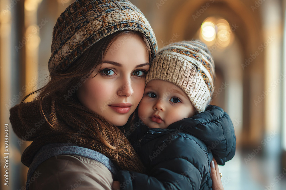 Obraz premium Mother embracing her baby in a stunning cathedral setting.