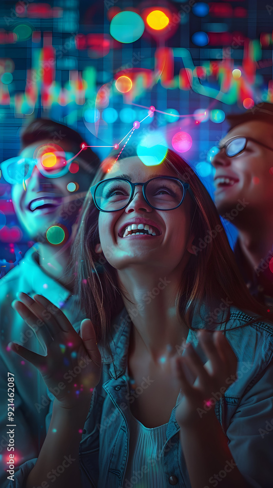 Cheerful Financial Success: Diverse Group with Glowing Charts and Smiles on Serene Background Ideal for Financial Growth Promotions in Photo Stock Concept Cheerful Financial Success: Diverse Group with Glowing Charts and Smiles on Serene Background Ideal for Financial Growth Promotions in Photo Stock Concept