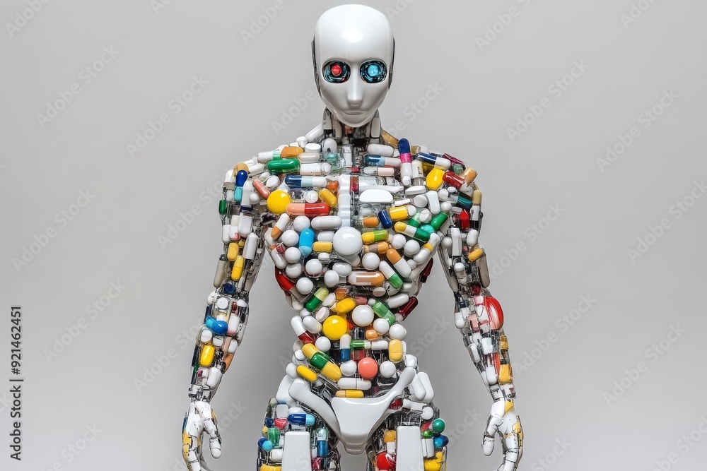 Small robot sitting among a bed of pebbles and pills representing the blend of natural and artificial elements in a high tech world Small robot sitting among a bed of pebbles and pills representing the blend of natural and artificial elements in a high tech world