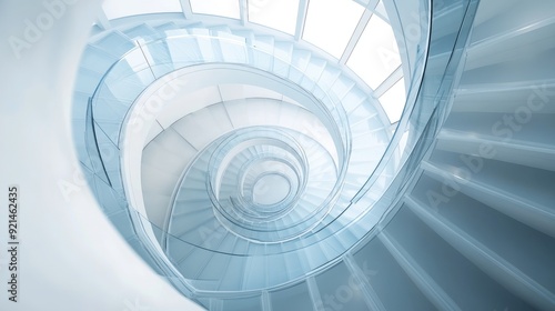 Spiral staircase inside a modern cylindrical building with glass floors