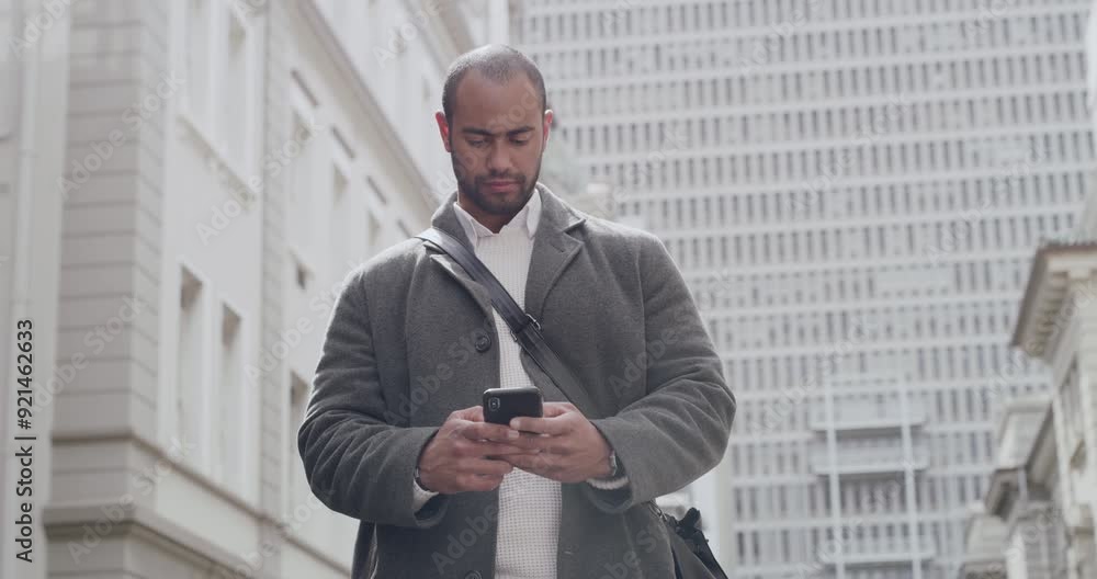 Casual man reading text on phone, typing a message and checking social media while standing in the city alone. Serious black male browsing internet, chatting online and looking for location downtown Casual man reading text on phone, typing a message and checking social media while standing in the city alone. Serious black male browsing internet, chatting online and looking for location downtown