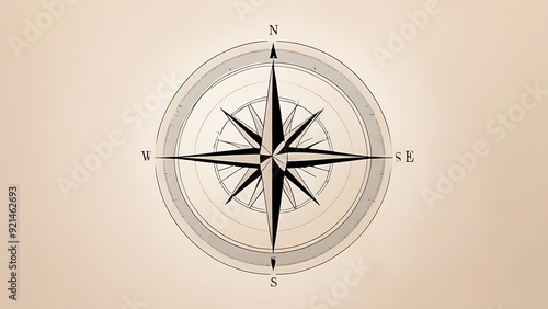 Compass rose graphic with N, S, E, W directions and degree markings. Ideal for navigation, map, travel, nautical themes.
