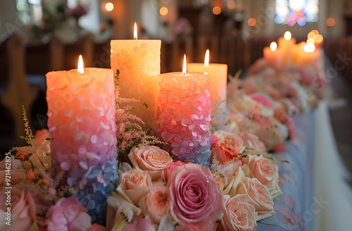 A table with flowers and candles on it photo