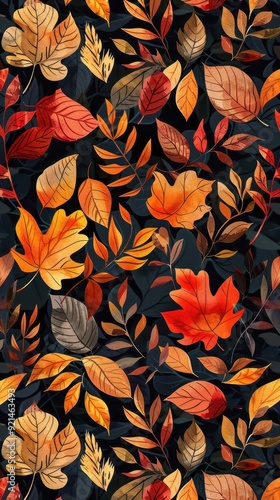 Autumn leaves of various colors and shapes create a vibrant pattern against a dark backdrop