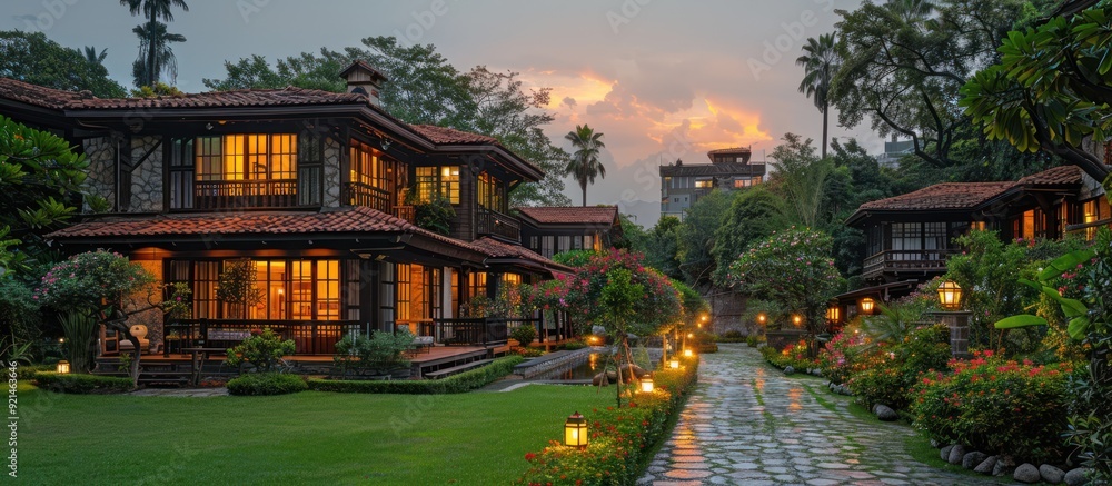 Obraz premium Charming Stone Cottage with Garden Path at Twilight