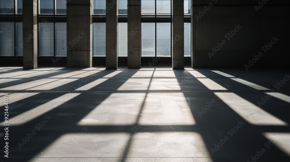 Geometric shadows created by sunlight streaming through office windows onto the empty floor Geometric shadows created by sunlight streaming through office windows onto the empty floor