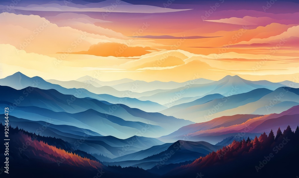 Obraz premium Expansive mountain panorama flat design, top view, breathtaking landscape, 3D render, Triadic Color Scheme