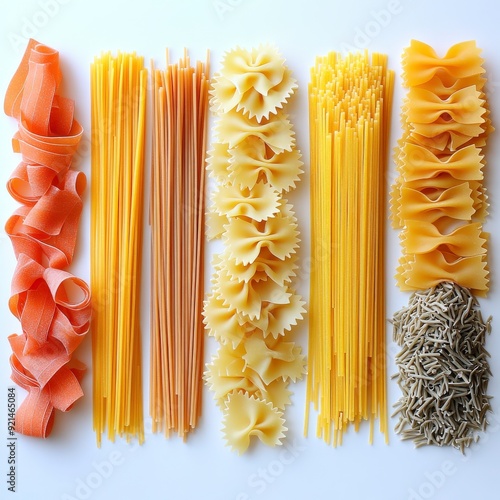 A variety of pasta shapes arranged neatly for culinary purposes. photo