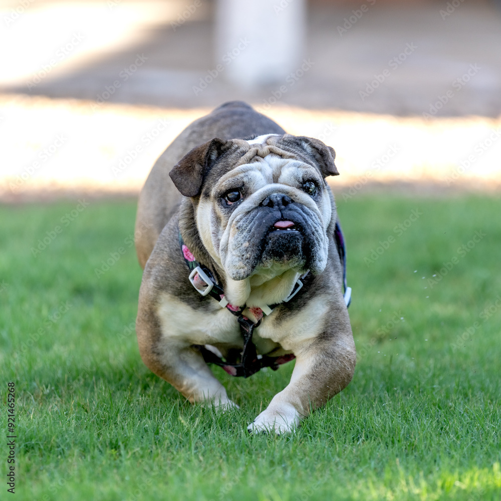 Fototapeta premium English Bulldog running in the grass