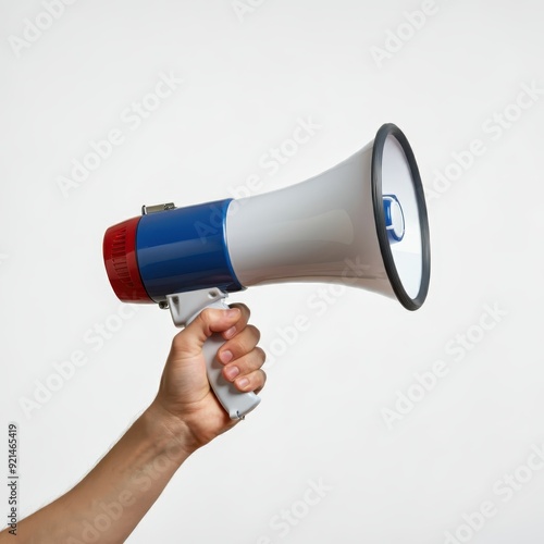 megaphone, held in hand, close-up, white background, communication, announcement, black and silver megaphone, minimalistic, simplicity, isolated object