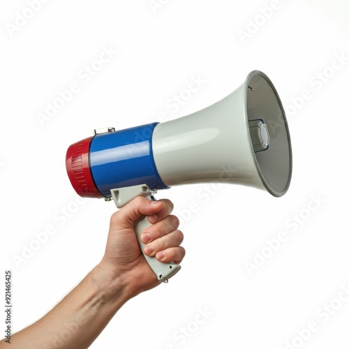 megaphone, held in hand, close-up, white background, communication, announcement, black and silver megaphone, minimalistic, simplicity, isolated object