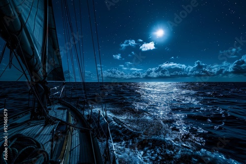 Sailing under moonlit sky on calm ocean at night photo