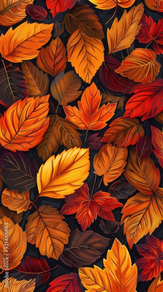 Colorful autumn leaves are layered together, displaying shades of red, orange, and yellow against a dark backdrop Colorful autumn leaves are layered together, displaying shades of red, orange, and yellow against a dark backdrop