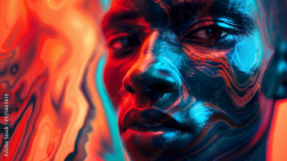 A close-up portrait of a person with artistic, colorful face paint and abstract background. A close-up portrait of a person with artistic, colorful face paint and abstract background.