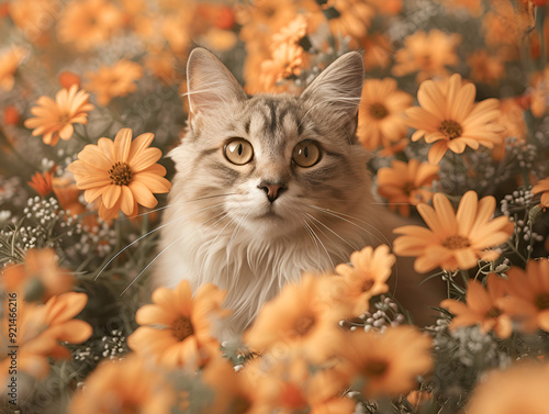 There is a cat that is standing in the grass with flowers 