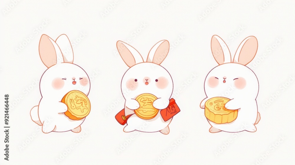 Three cute rabbits holding mooncakes and a food item, conveying a festive theme. Three cute rabbits holding mooncakes and a food item, conveying a festive theme.