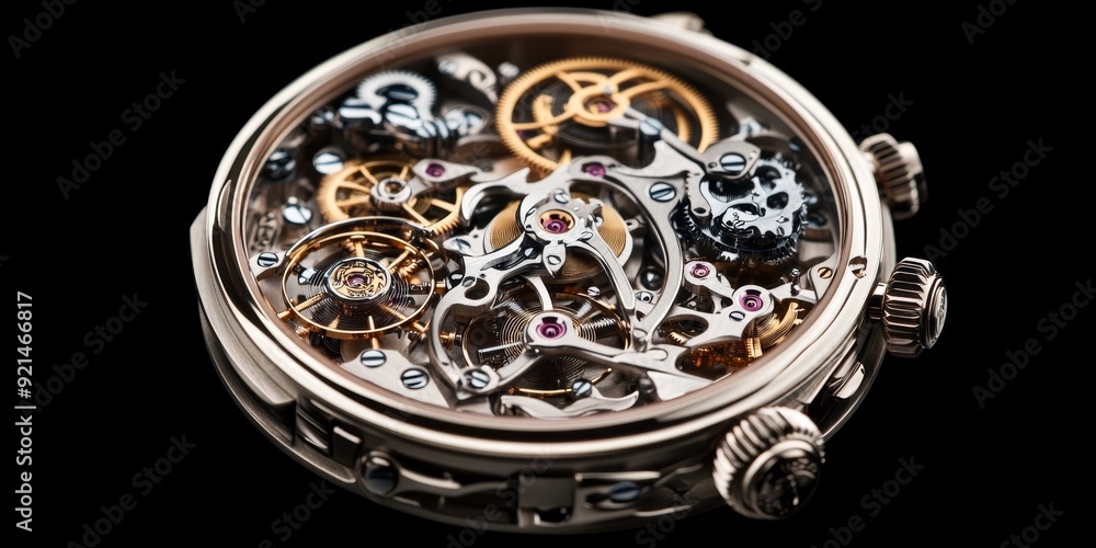 Close-up of a Mechanical Watch Movement with Gears and Cogs on a Black Background Close-up of a Mechanical Watch Movement with Gears and Cogs on a Black Background