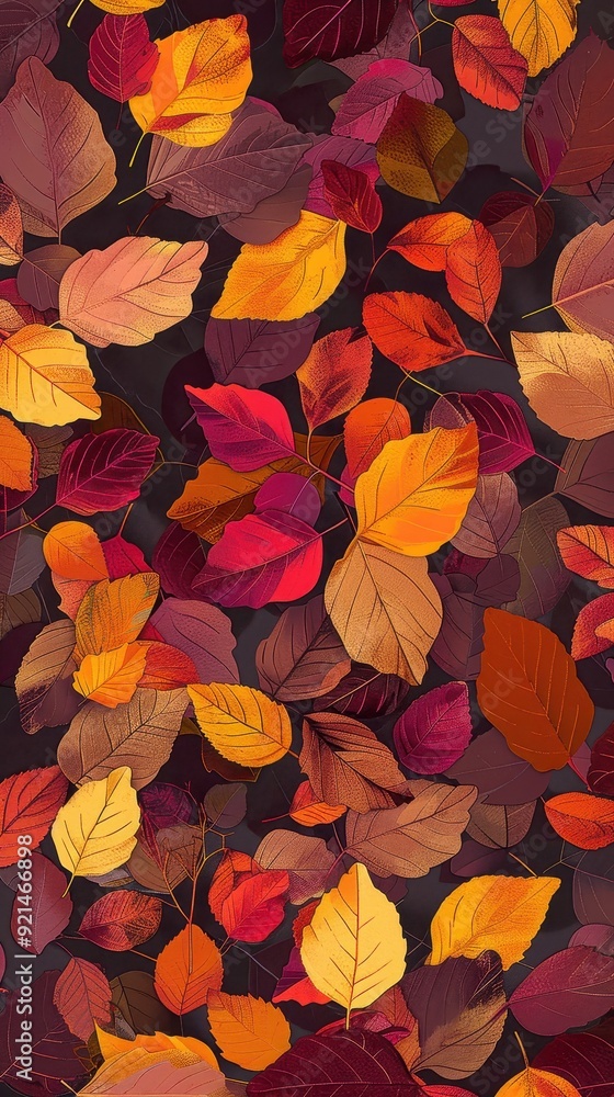 Colorful autumn leaves are scattered across a dark surface, creating a beautiful autumnal display Colorful autumn leaves are scattered across a dark surface, creating a beautiful autumnal display