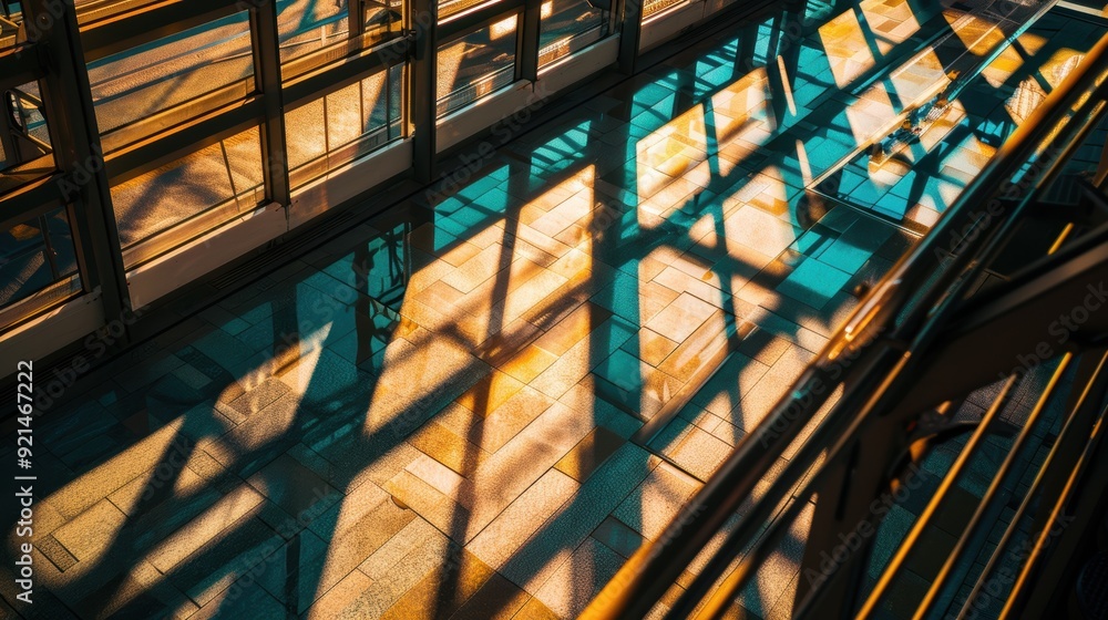 Sunlight streaming through large windows and reflecting off railings to create geometric shadows on the floor Sunlight streaming through large windows and reflecting off railings to create geometric shadows on the floor