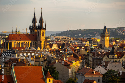 Obraz na plátně Prague, Czech Republic, panoramic shot of the city center at sunset