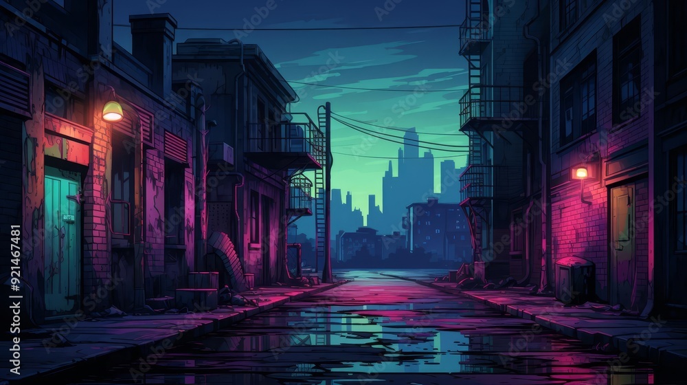 Grunge city alleyway at night flat design, side view, moody urban scene, water color, Triadic Color Scheme Grunge city alleyway at night flat design, side view, moody urban scene, water color, Triadic Color Scheme