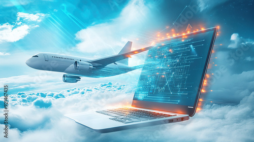 3D rendering of an airplane flying over a laptop with a digital data and cloud technology background concept