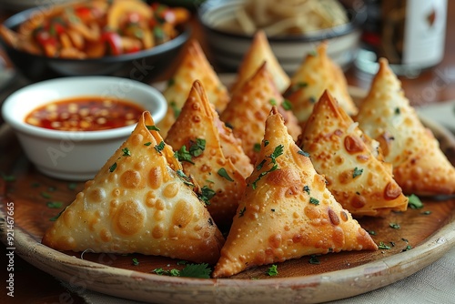 Crispy Golden Samosas on a Wooden Plate