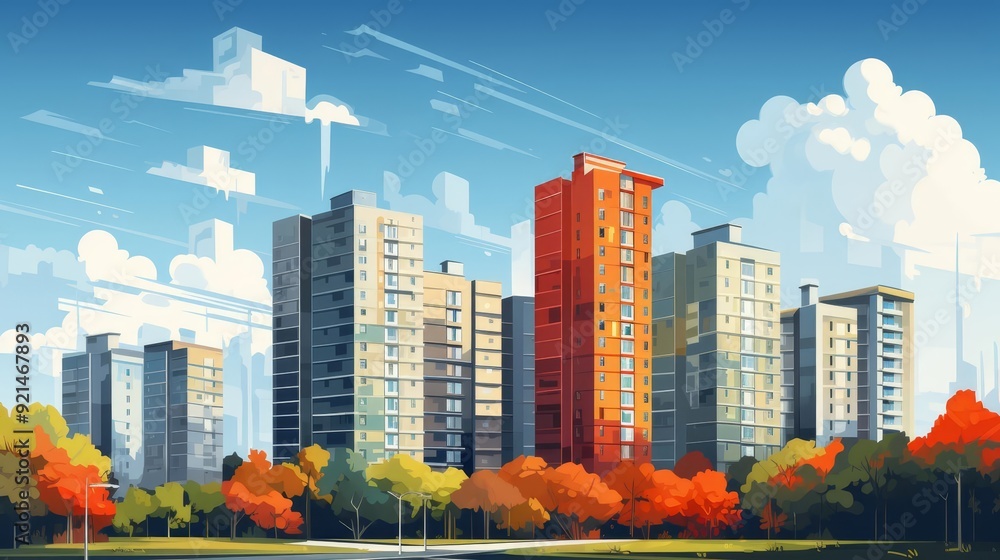 Obraz premium Highrise apartment buildings flat design, side view, metropolitan living, animation, Splitcomplementary color scheme