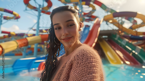 Water Park Portrait: Medium shot portrait of a pleased woman in her 20s wearing a cozy sweater