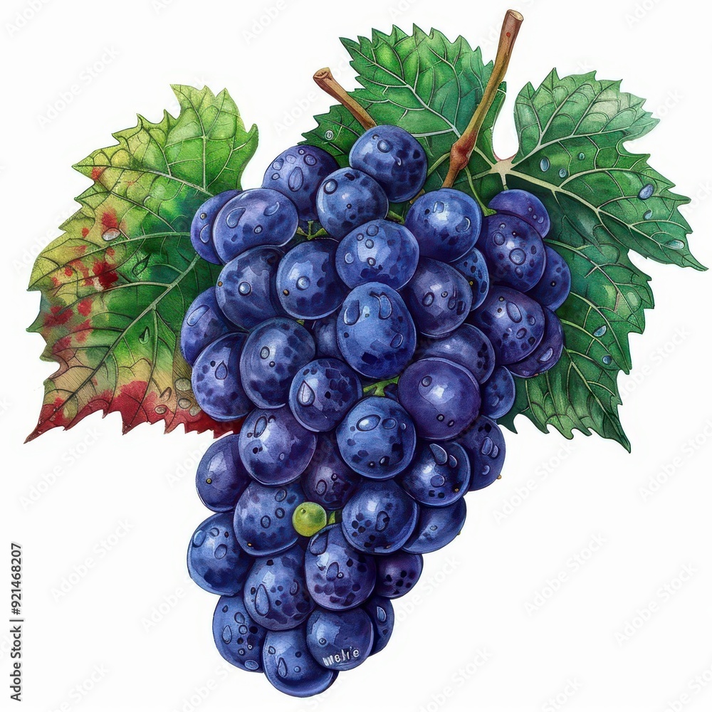 Fototapeta premium Grapes fruits with Grapes leafs, watercolor clipart illustration, lsolated on white background