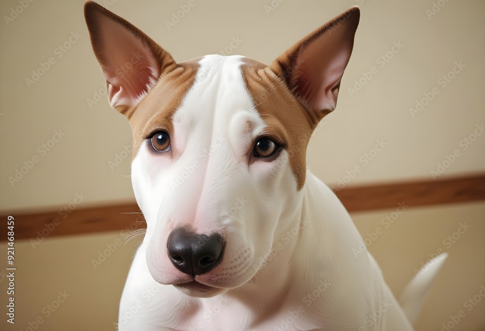 Closeup of Bull Terrier Puppy Dog in Natural Light. Studio Portrait. White Background. Closeup of Bull Terrier Puppy Dog in Natural Light. Studio Portrait. White Background.