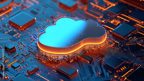 3D rendering of blue cloud icon on circuit board with chip and micro belts
