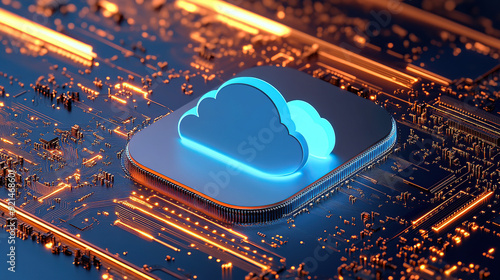 3D rendering of blue cloud icon on circuit board with chip and micro belts
