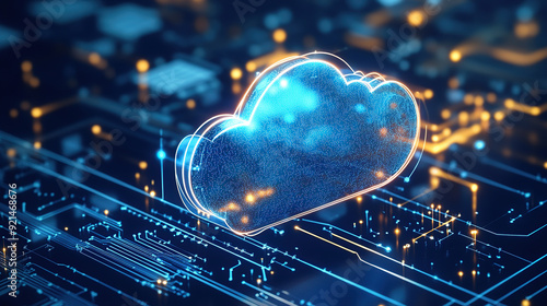 Digital technology cloud concept with glowing light particles and blue sky background