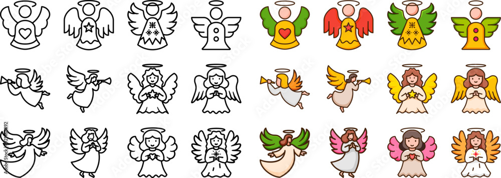 Fototapeta premium Christmas angel icon. Outline design element. isolated vector silhouette image