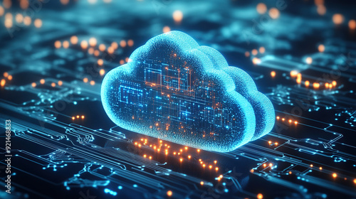 Digital technology cloud concept with glowing light particles and blue sky background