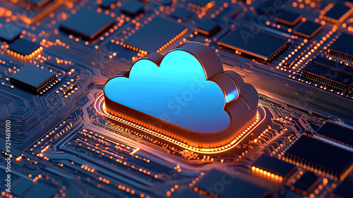 3D rendering of blue cloud icon on circuit board with chip and micro belts