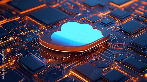 3D rendering of blue cloud icon on circuit board with chip and micro belts