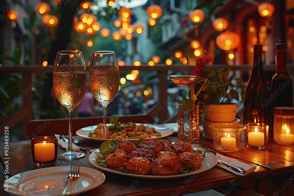 Floating lantern festival dinner with illuminated dishes and night sky ambiance Floating lantern festival dinner with illuminated dishes and night sky ambiance