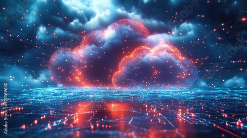 Digital technology cloud concept with glowing light particles and blue sky background