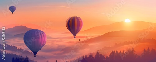 Hot Air Balloons Soaring Above Misty Mountains at Sunset photo