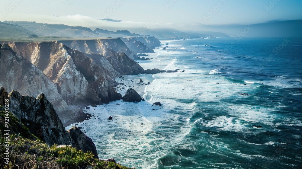 Rugged Cliffs overlooking a choppy blue ocean with misty mountains in the distance Rugged Cliffs overlooking a choppy blue ocean with misty mountains in the distance