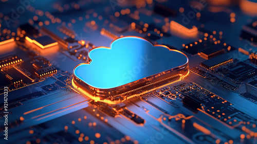 3D rendering of blue cloud icon on circuit board with chip and micro belts