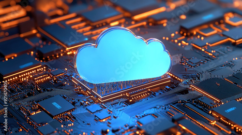 3D rendering of blue cloud icon on circuit board with chip and micro belts