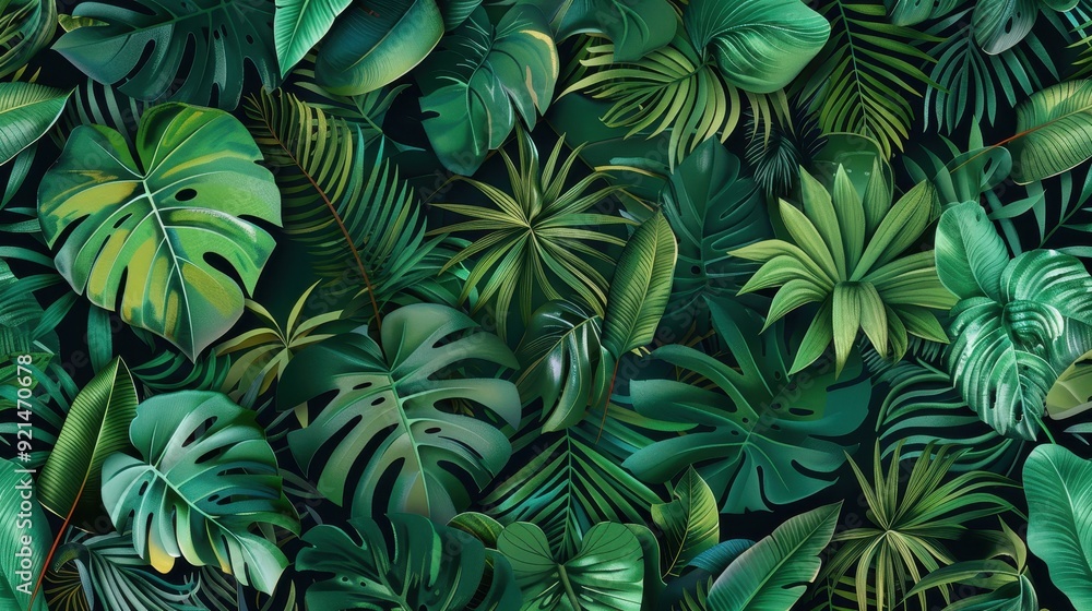 Various tropical leaves create a dense green tapestry, emphasizing nature's textures and hues Various tropical leaves create a dense green tapestry, emphasizing nature's textures and hues