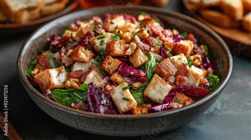 A black bowl filled with a salad of greens, nuts, and bread crumbs.